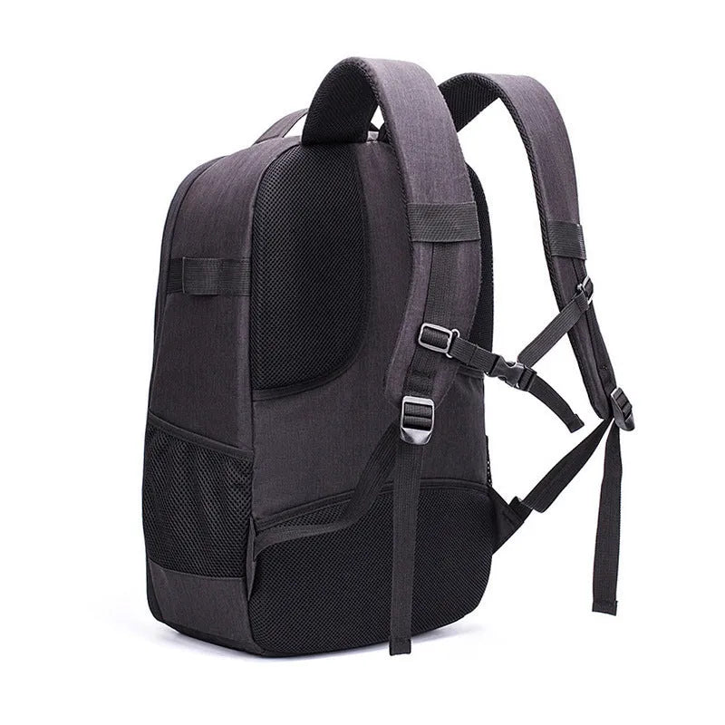 Black waterproof Oxford cloth drone backpack with multiple internal compartments for camera and laptop storage