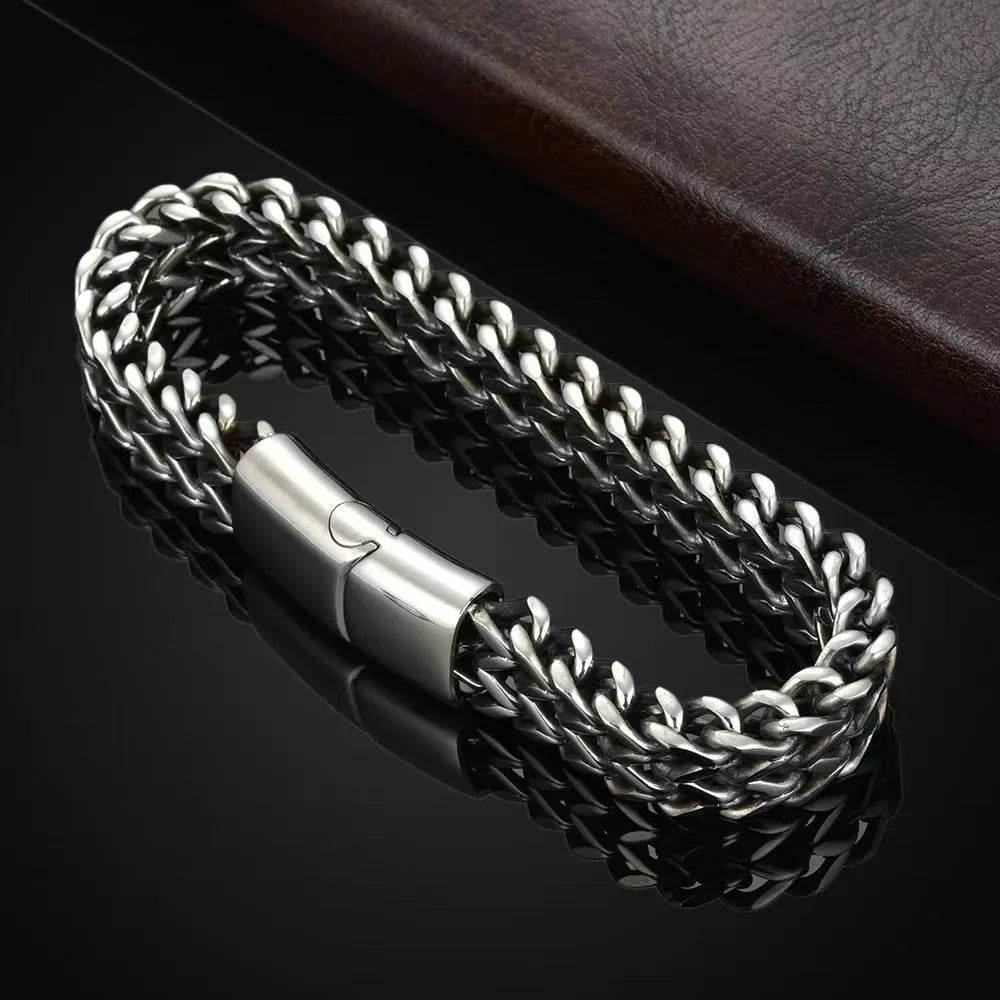 Silver titanium steel geometric men's bracelet showing front and back simple design