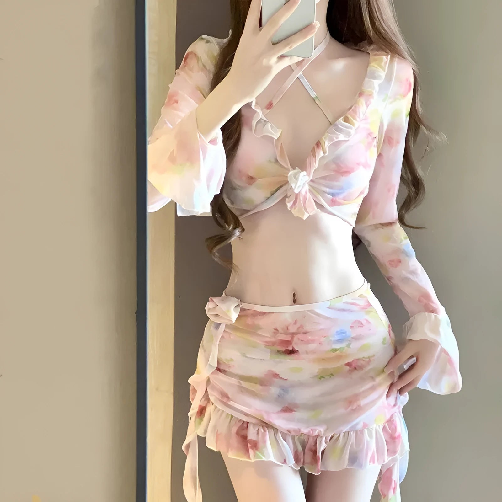 Women's floral bikini swimsuit in cherry blossom pink with Asian sizing