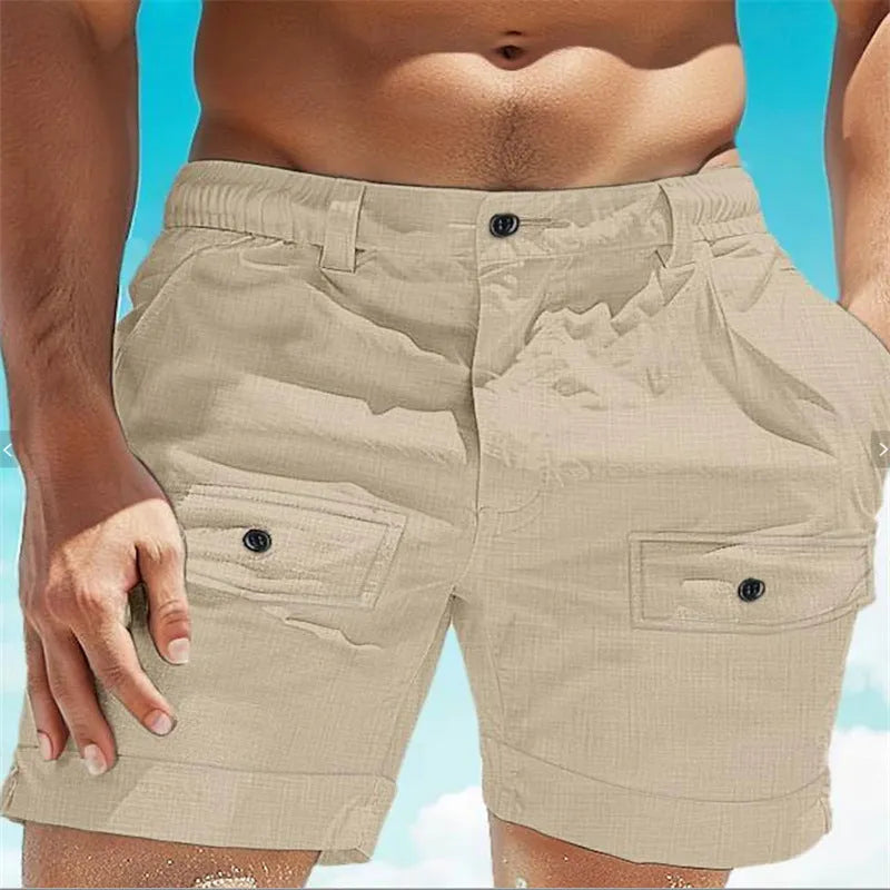 Men's straight-leg linen shorts with an elastic waist and button tabs in white colour.