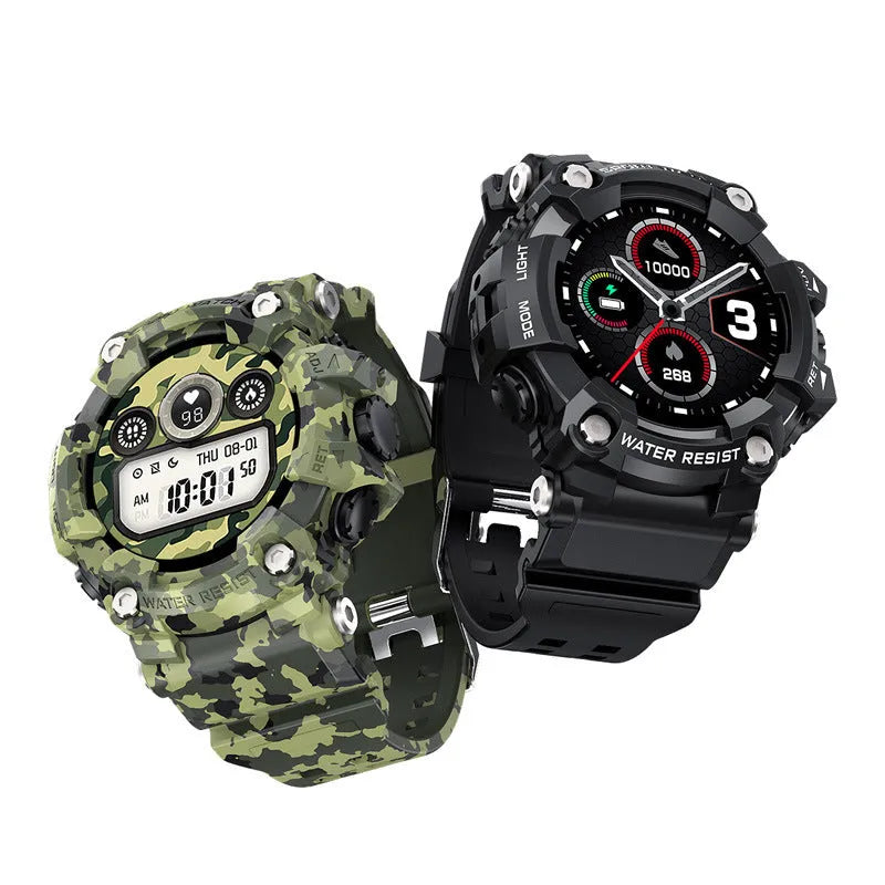 T6 tactical smart watch with 1.3 inch screen in black or green colour showing alloy construction and wristband
