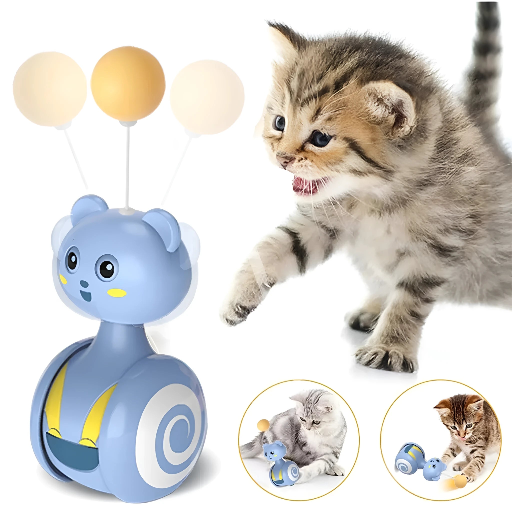 Interactive cat toy with colourful feather wand and rotating ball options on pink background