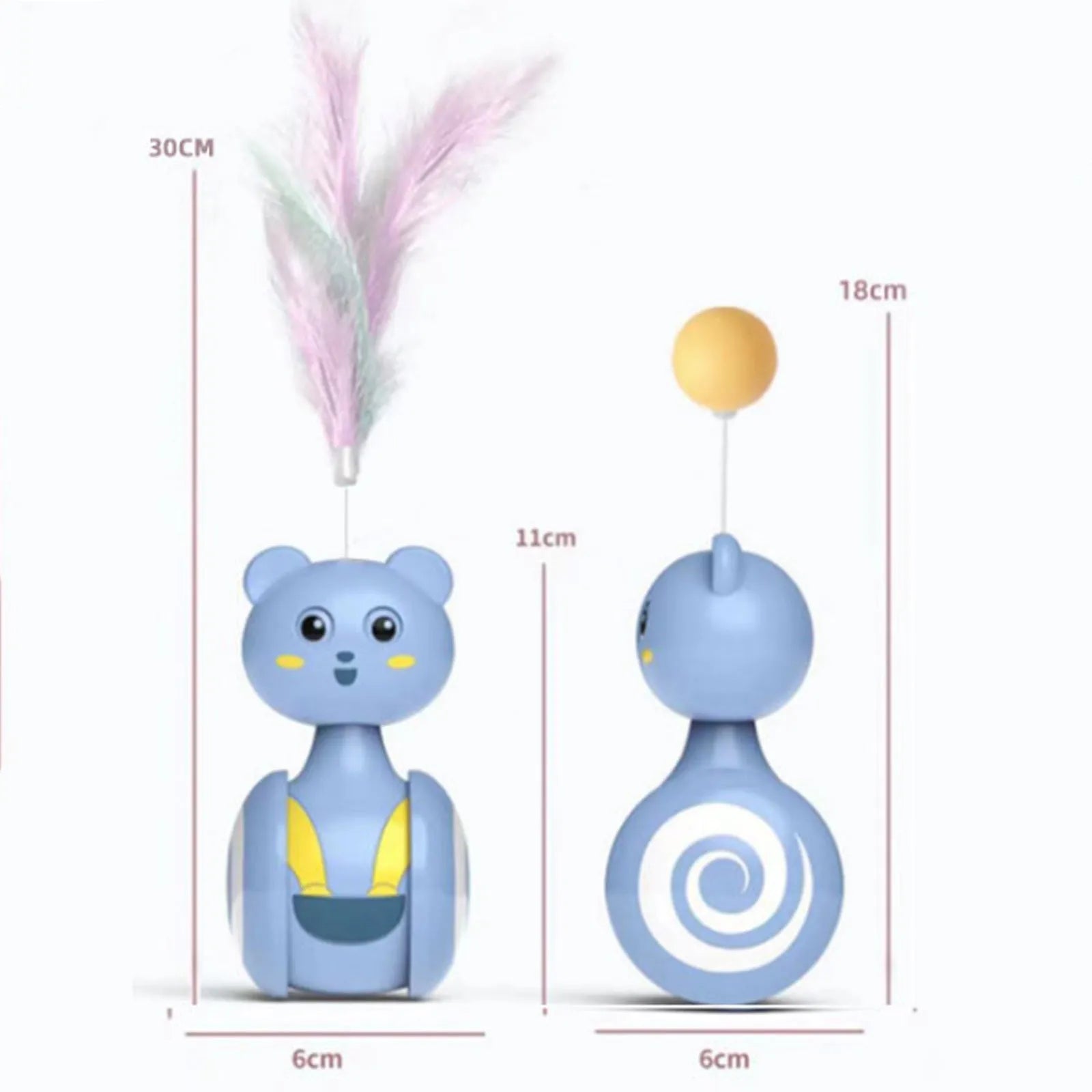 Interactive cat toy with colourful feather wand and rotating ball options on pink background