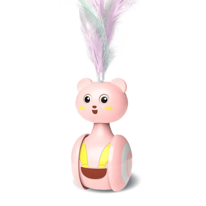Interactive cat toy with colourful feather wand and rotating ball options on pink background