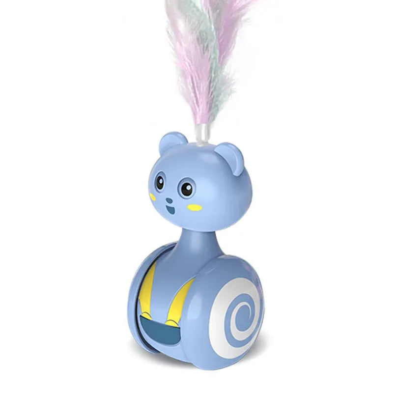 Interactive cat toy with colourful feather wand and rotating ball options on pink background