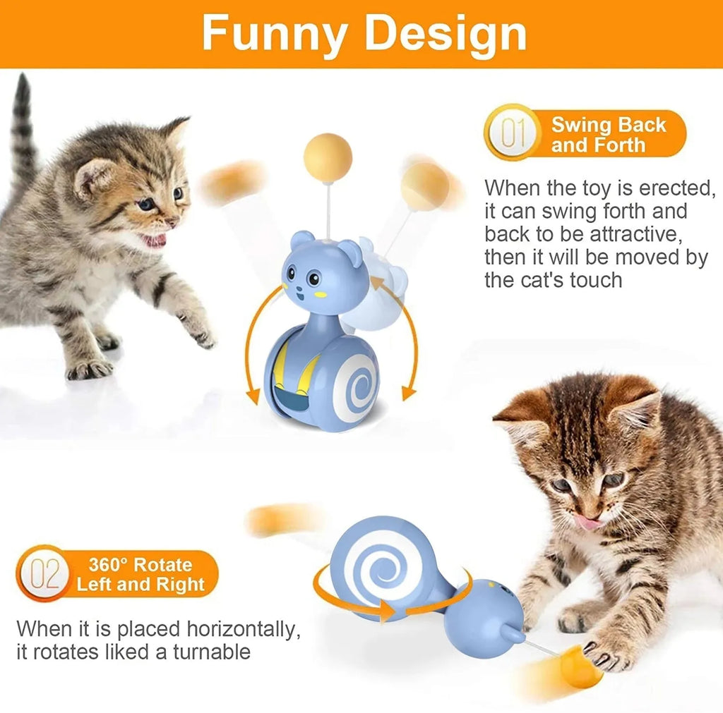 Interactive cat toy with colourful feather wand and rotating ball options on pink background