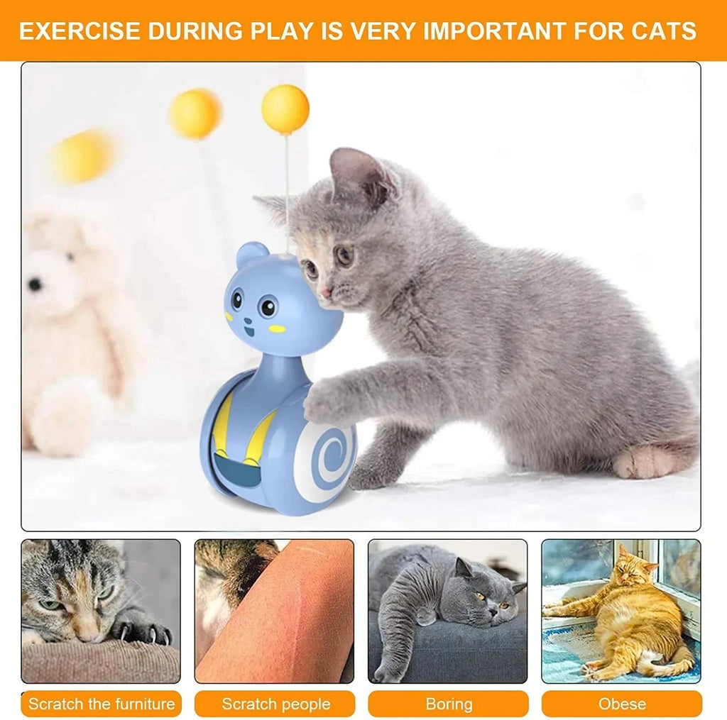 Interactive cat toy with colourful feather wand and rotating ball options on pink background