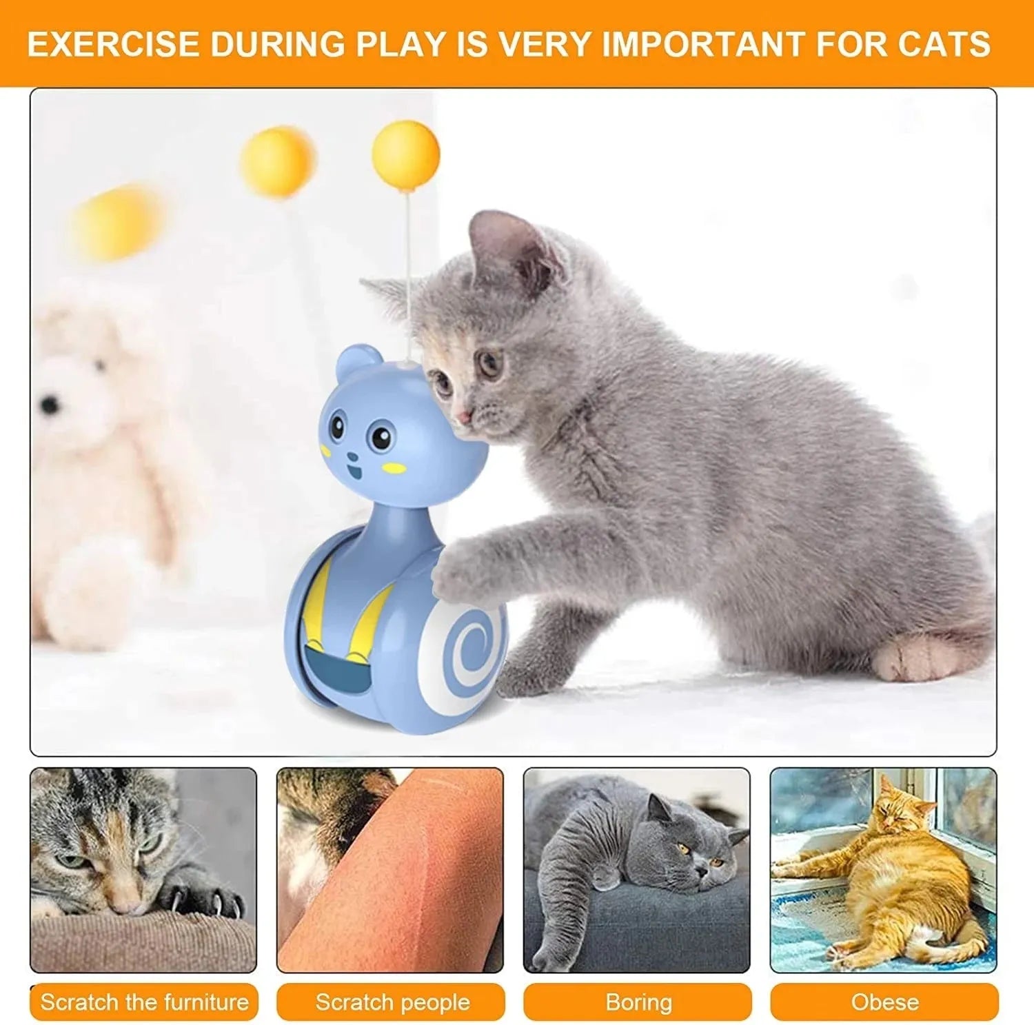 Interactive cat toy with colourful feather wand and rotating ball options on pink background