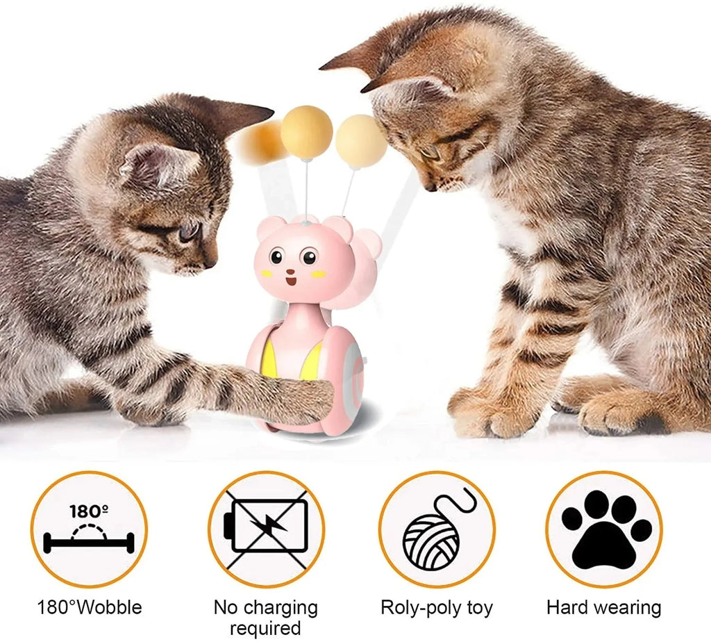 Interactive cat toy with colourful feather wand and rotating ball options on pink background