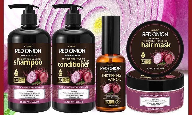 Red Onion hair care set showing four bottles: shampoo, conditioner, hair mask, and essential oil.