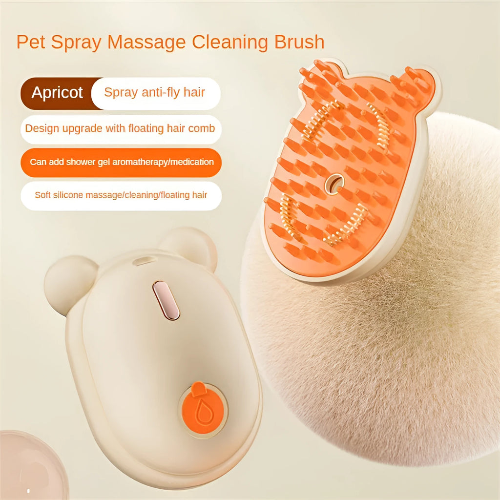 Pink and yellow rechargeable 3-in-1 pet grooming brush with spray function and massage comb teeth