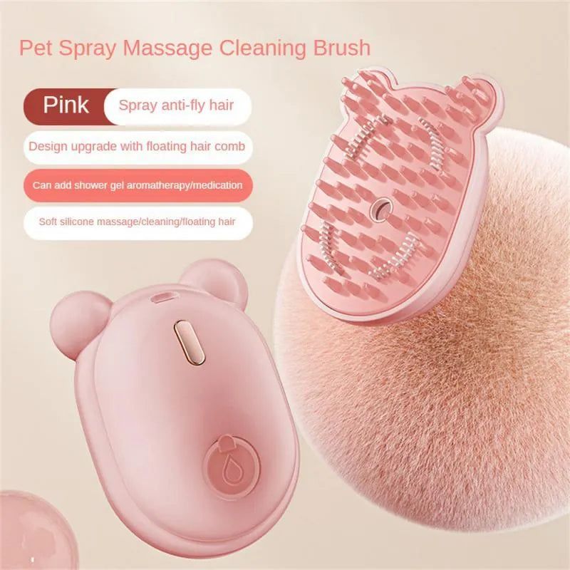 Pink and yellow rechargeable 3-in-1 pet grooming brush with spray function and massage comb teeth