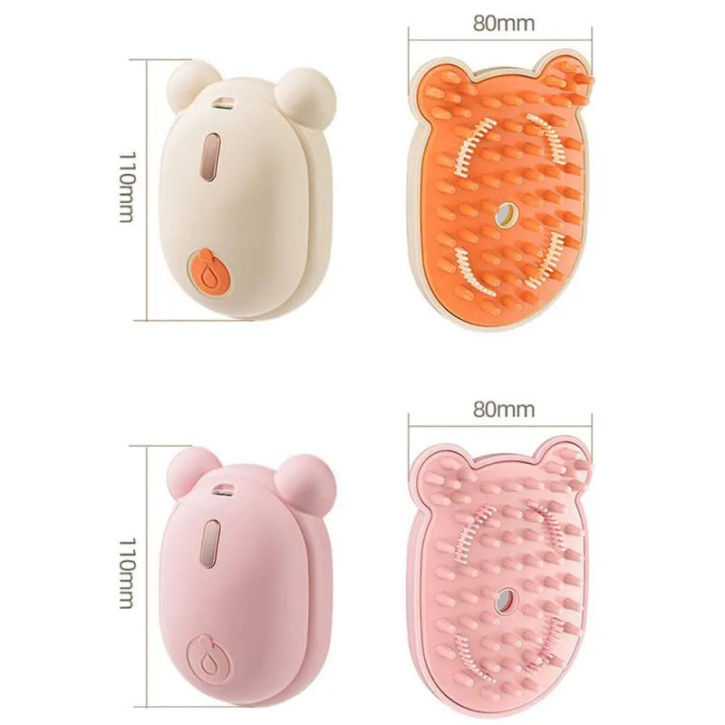 Pink and yellow rechargeable 3-in-1 pet grooming brush with spray function and massage comb teeth