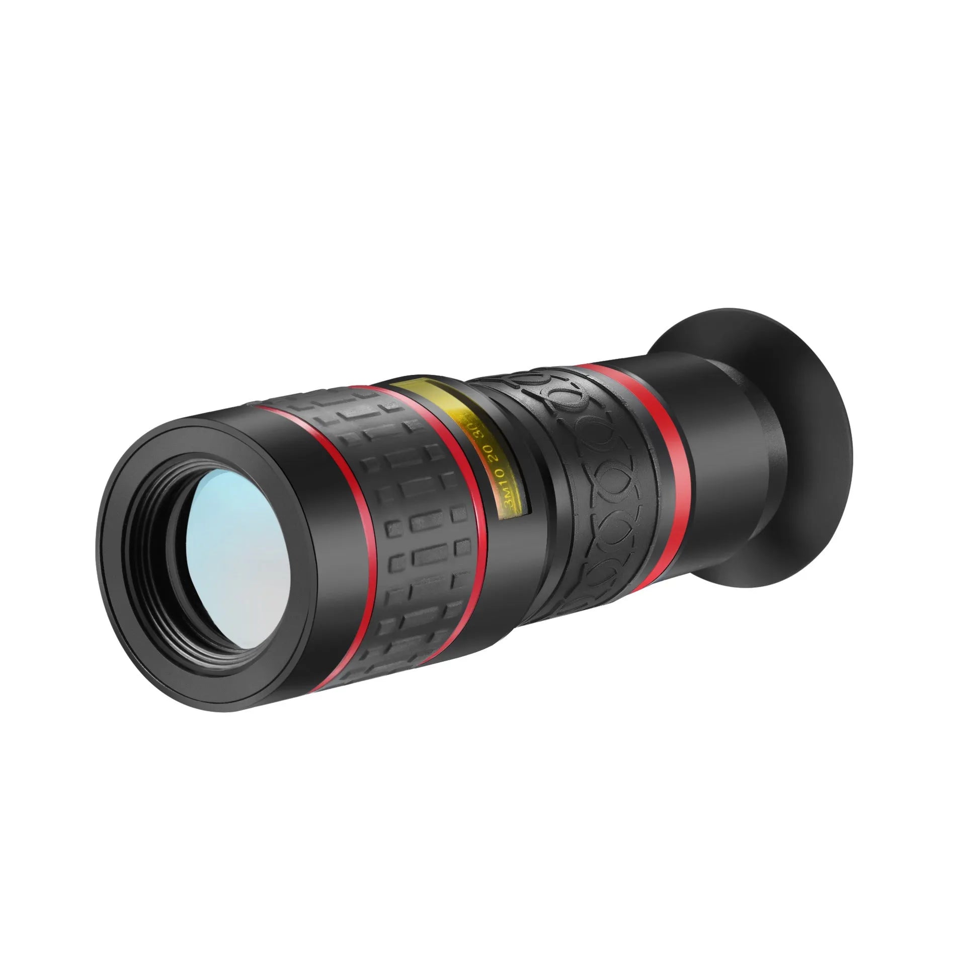 20x magnification smartphone telescope lens with universal mounting clip and single eye mask on a table.