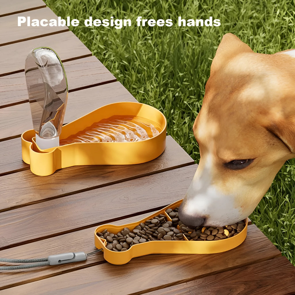 Orange and white portable pet water feeder with water bottle and food container compartments