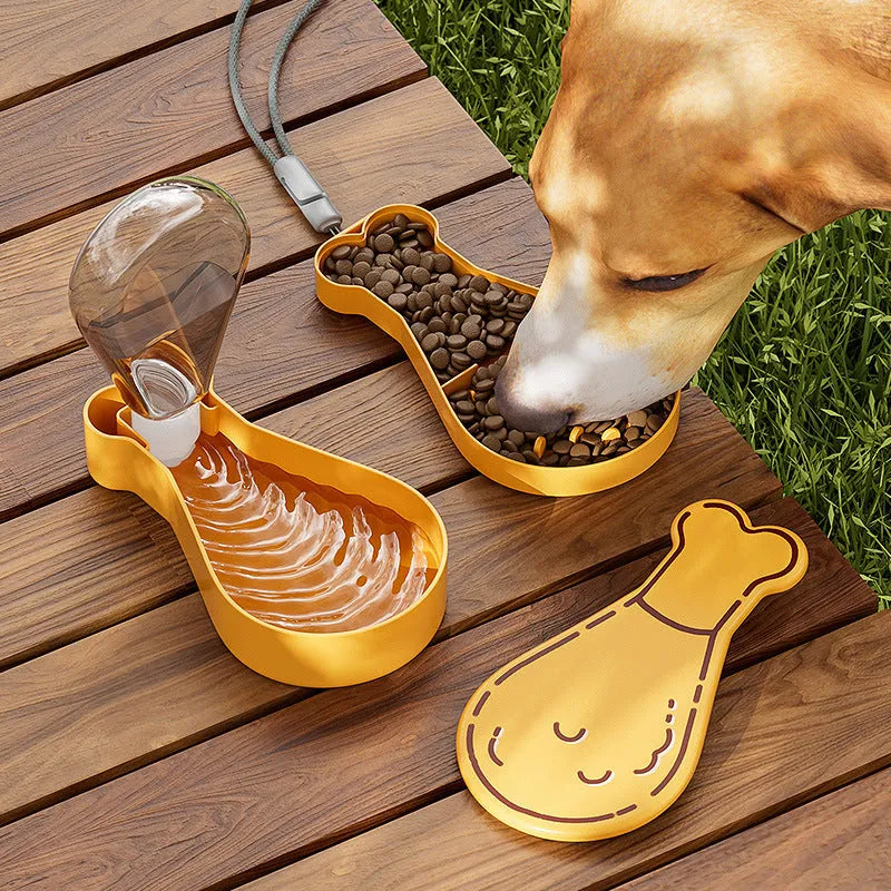 Orange and white portable pet water feeder with water bottle and food container compartments