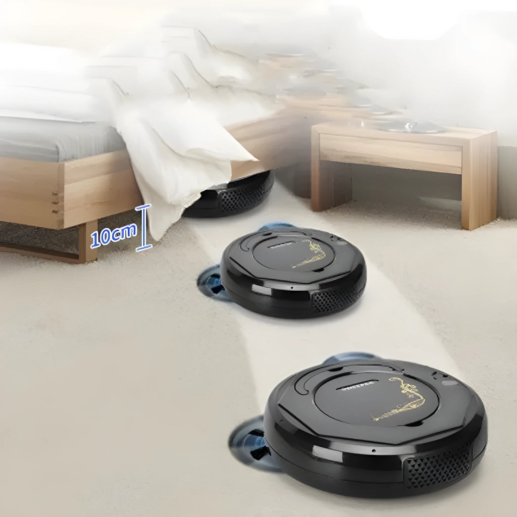 Smart floor sweeping robot vacuum cleaner in black, blue, or white colours on a hard floor surface.