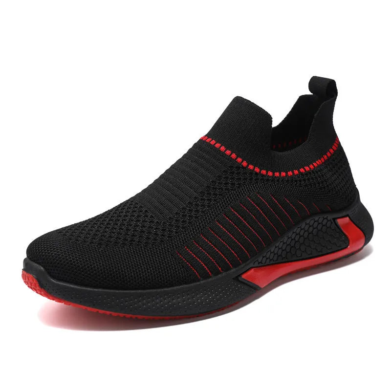 Men's black and white striped mesh sock shoes with Flyknit upper and lace-up front.