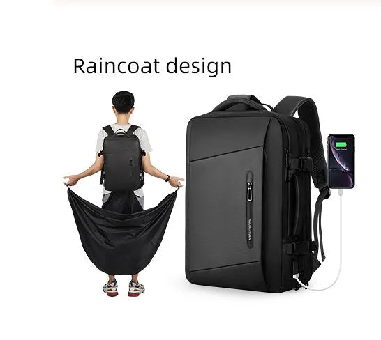 Large black men's backpack with multiple zippered pockets and 36-55 litre capacity