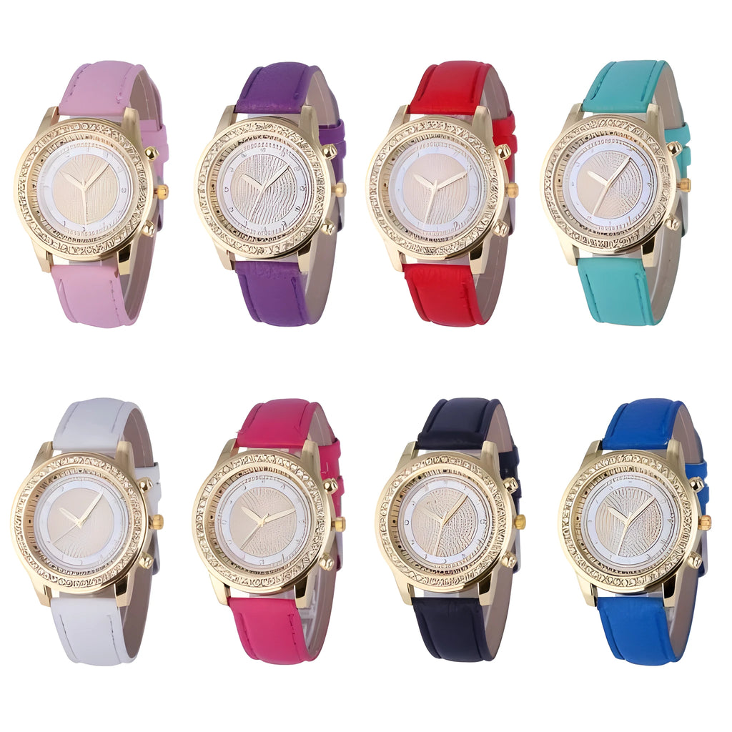 Women's crystal Geneva quartz wristwatch with PU leather strap 40mm case rose red colour
