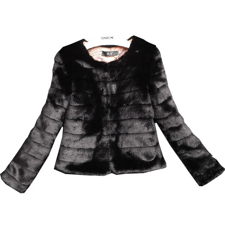 Women's short sleeve faux fur top in beige, shown on a model, with a close-up of the textured fabric.