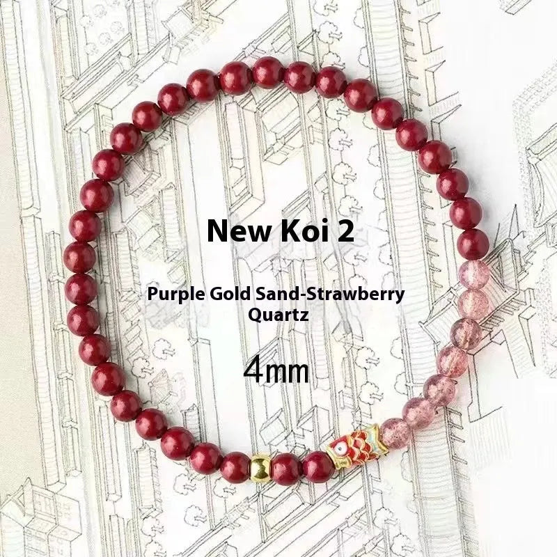 Women's retro bracelet with purple cinnabar and pink strawberry quartz beads on a wrist.