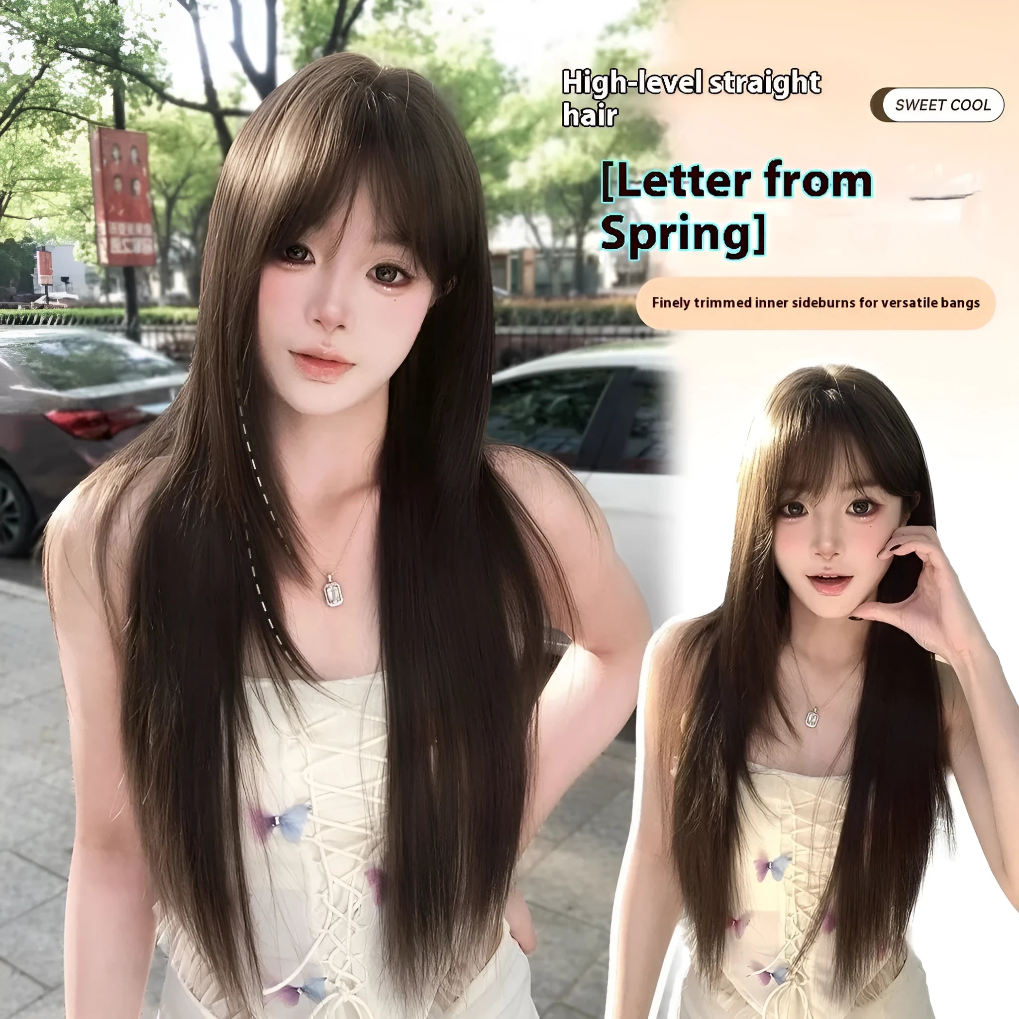 High-temperature fibre wig in Brown Black on wig stand with included care fluid and styling tools