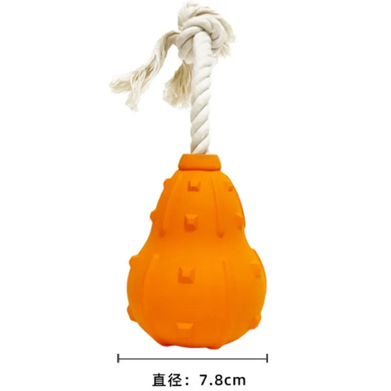 Natural rubber stuffable dog toy with a long strap for small to medium breed dogs.