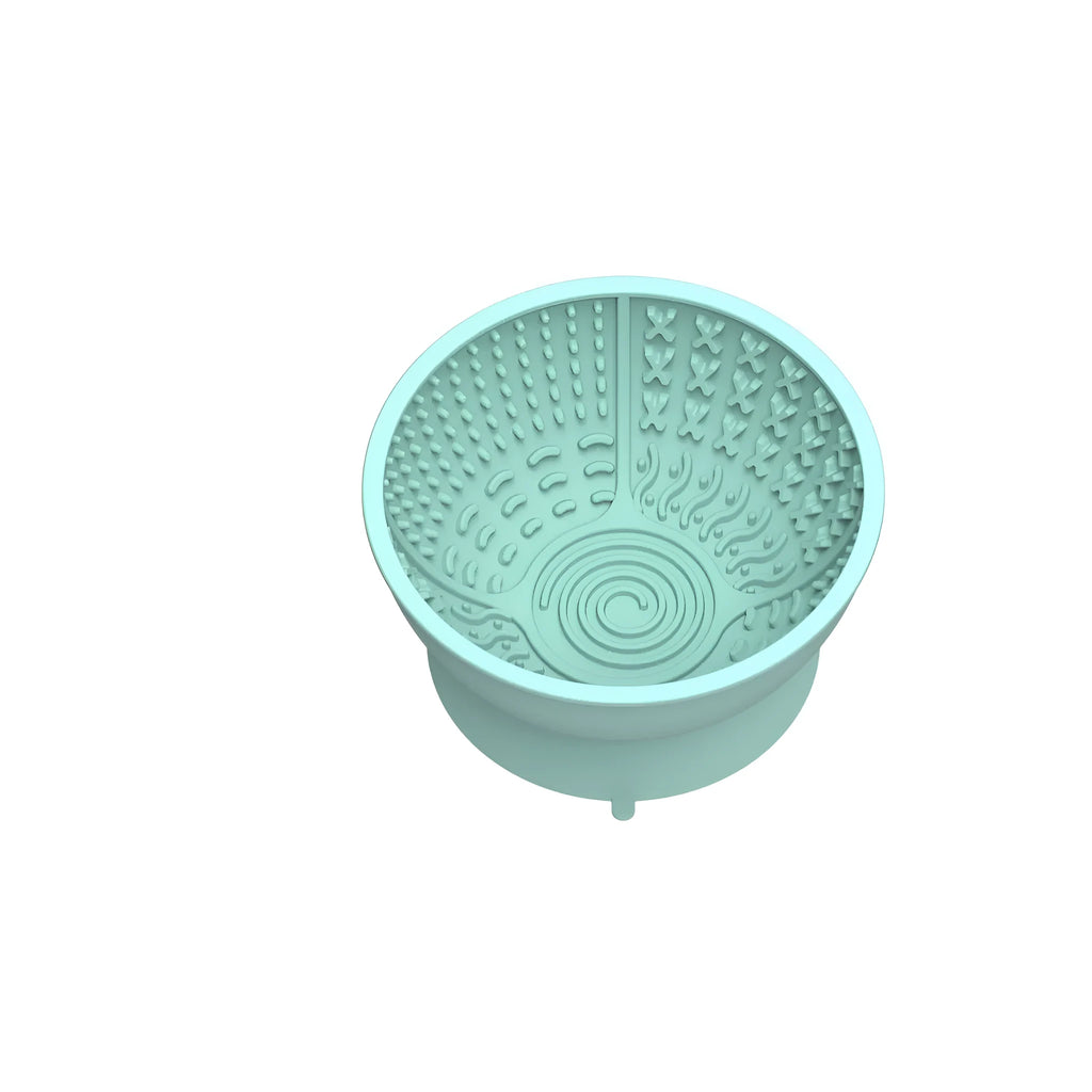 Cyan silicone pet licking mat with central slow feeding bowl and suction cup base