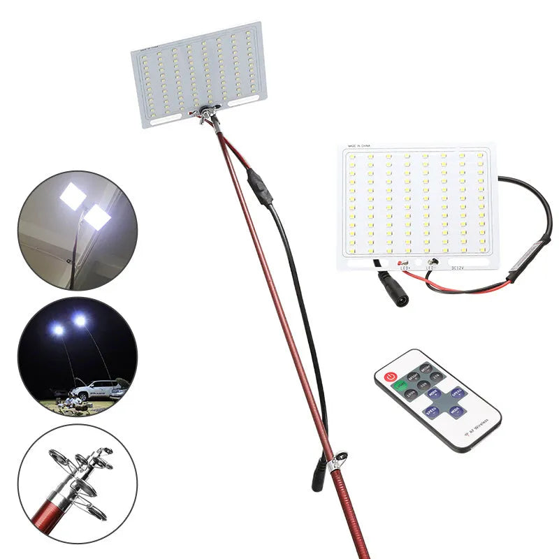 White LED fishing rod light panel mounted on a tall telescopic pole for outdoor use