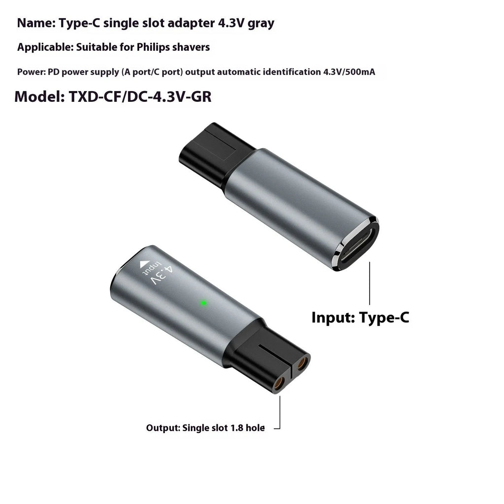 USB-C charging adapter for electric shavers and hair clippers in black or grey aluminium alloy housing