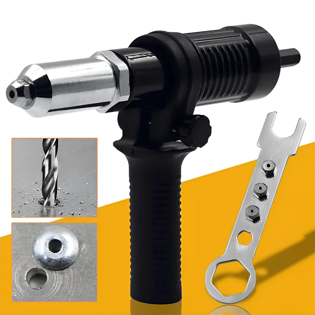 Black metal electric drill rivet gun with adapter and four rivet heads on a workbench.