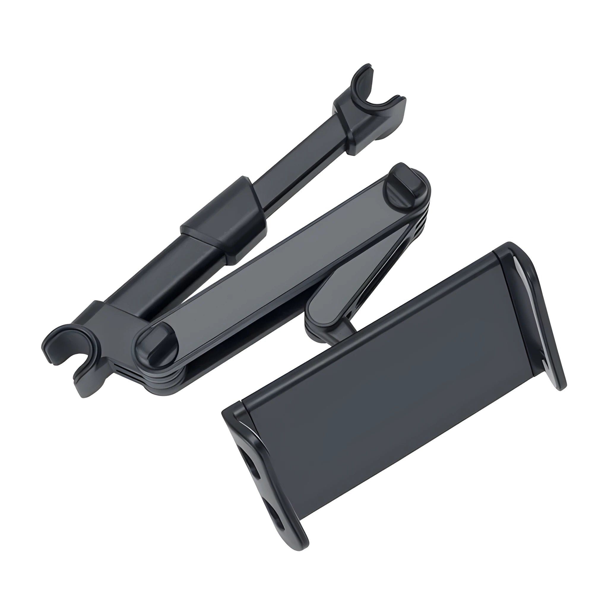 Black universal car phone holder attached to vehicle rear seat base with tablet mounted