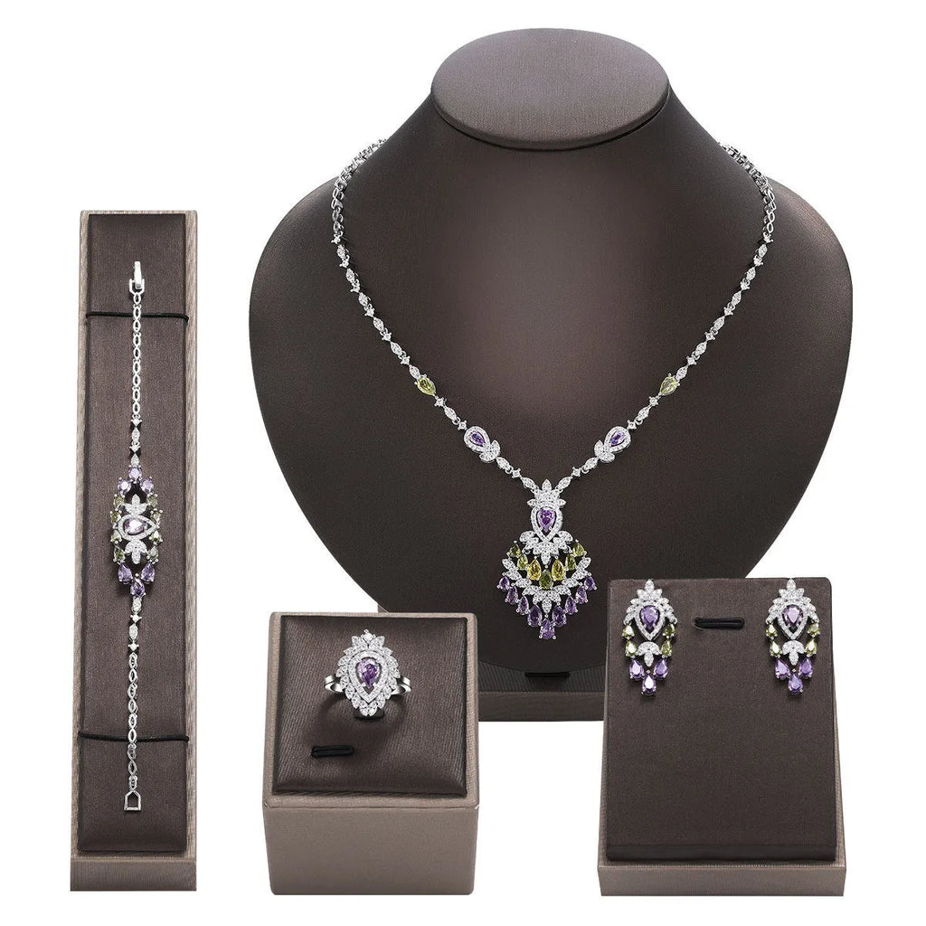 White colour copper and zircon jewellery set with necklace earrings ring and bracelet