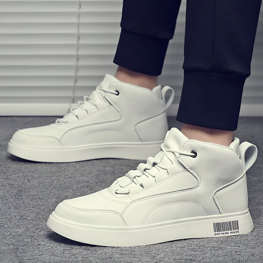 Men's white mid-top casual sports shoes with lace-up front and rubber sole.