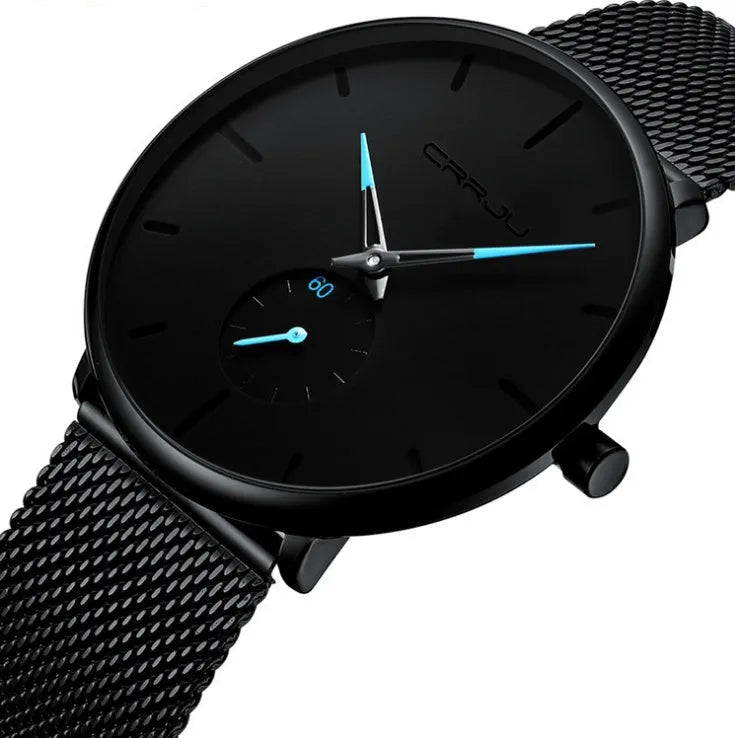 Simple ultra-thin round mesh belt watch with blue needle display