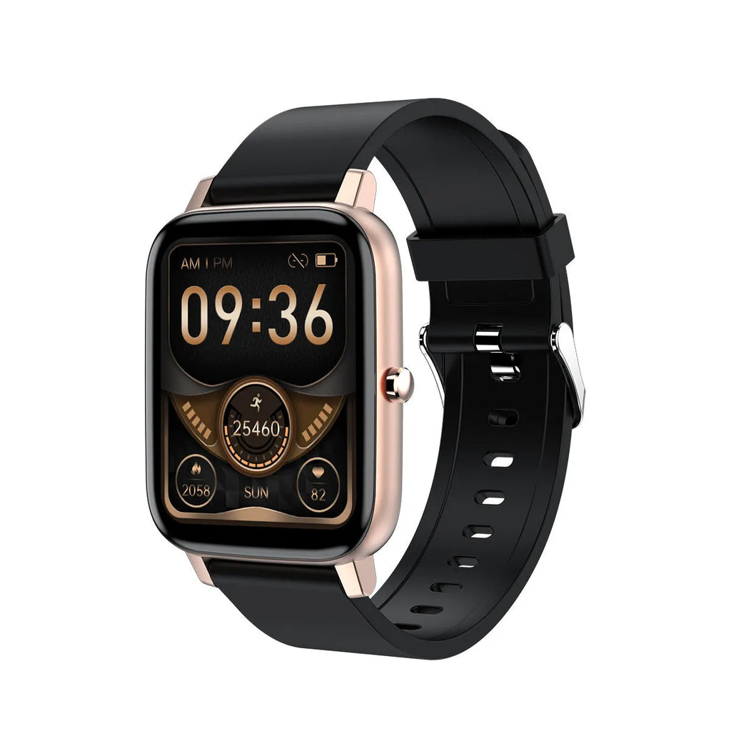 H80 smart watch with black silicone strap and 1.69-inch screen showing health metrics.