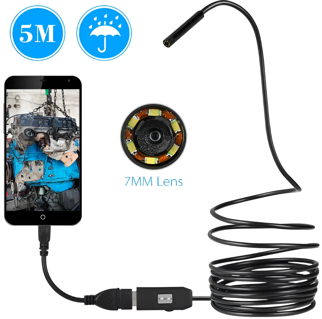 OWSOO USB endoscope camera with 5m cable, magnet, hook, and side audition tools for phone and computer inspection.