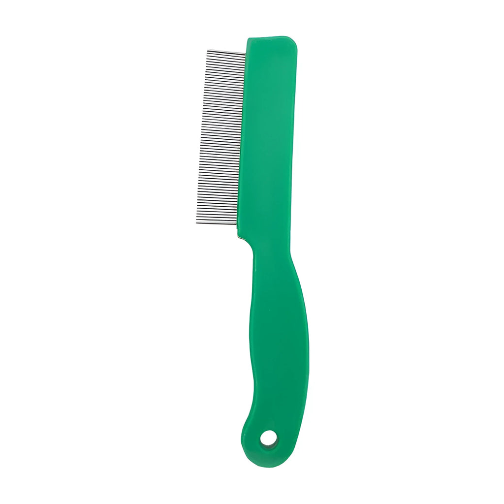 Green plastic handle flea comb with stainless steel pins for pet grooming