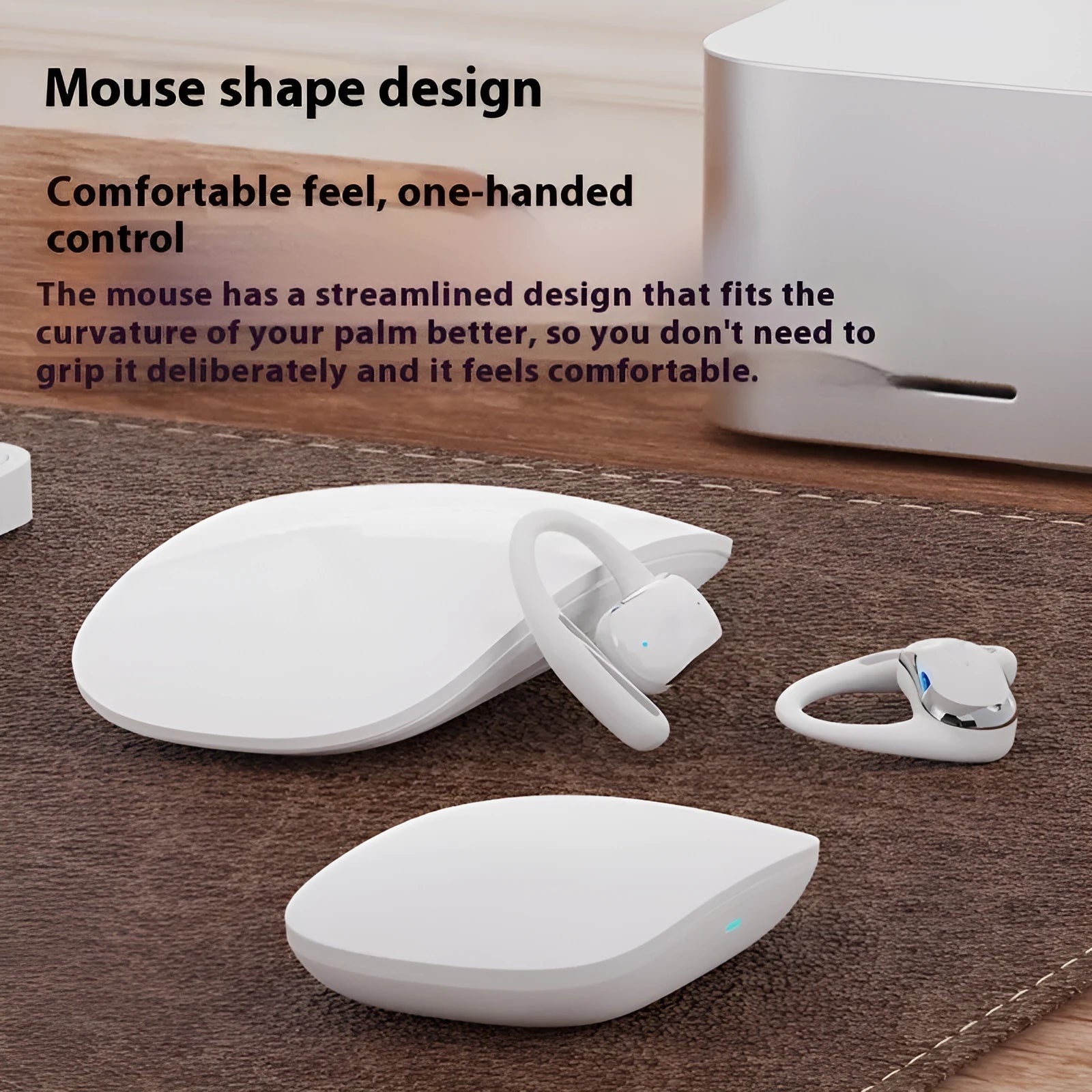 Ear-mounted open Bluetooth translation headphones in black with ear hook design and touch controls