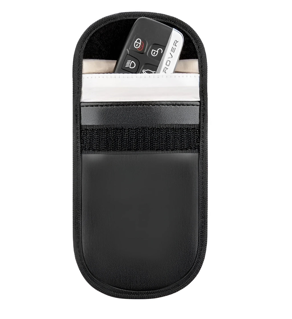 Black microfiber Faraday cage bag measuring 13.5x9.5 cm for blocking car key and RFID signals