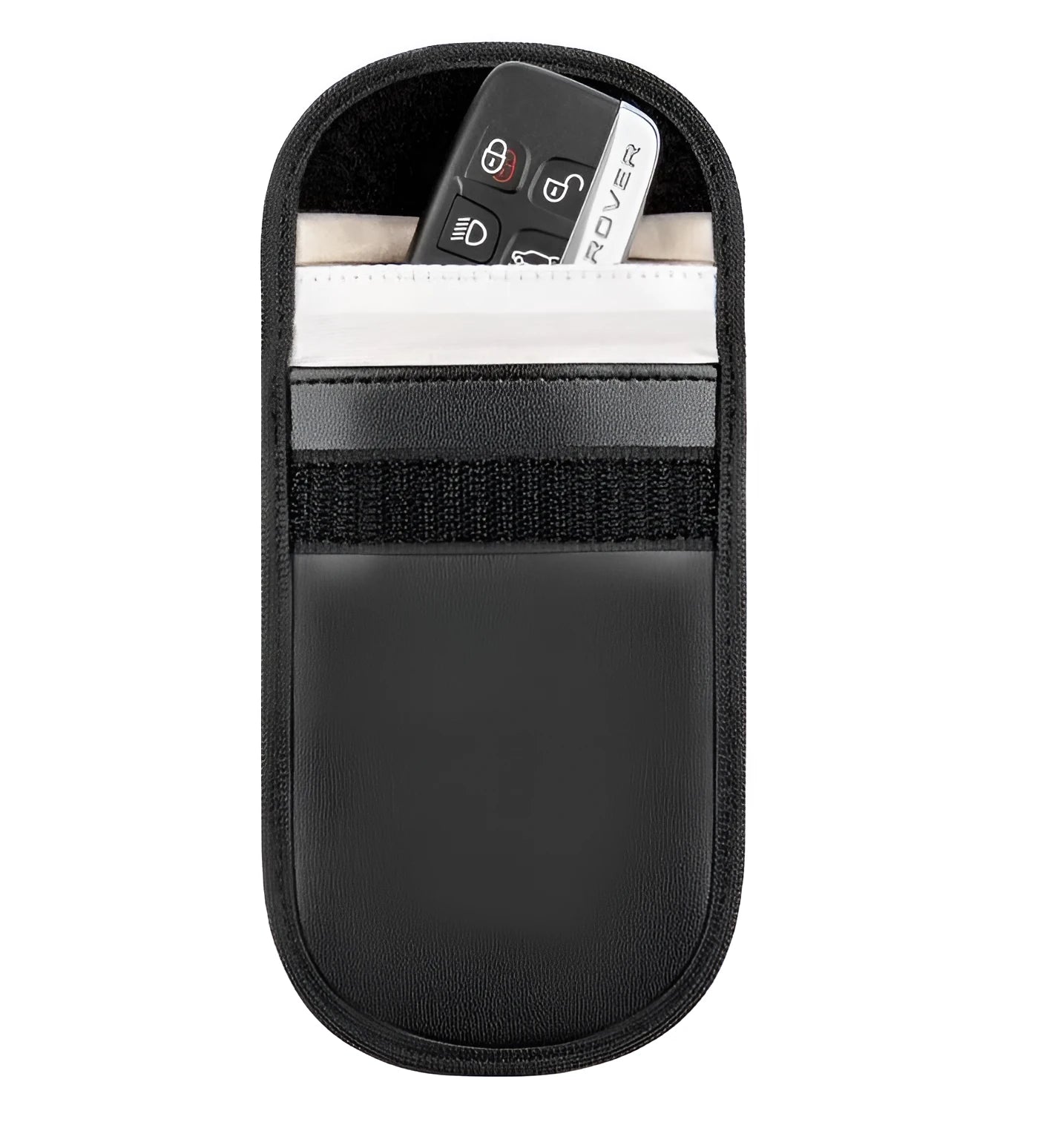 Black microfiber Faraday cage bag measuring 13.5x9.5 cm for blocking car key and RFID signals