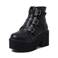 Black women's punk bat buckle gothic short boots with side zip and thick heel.