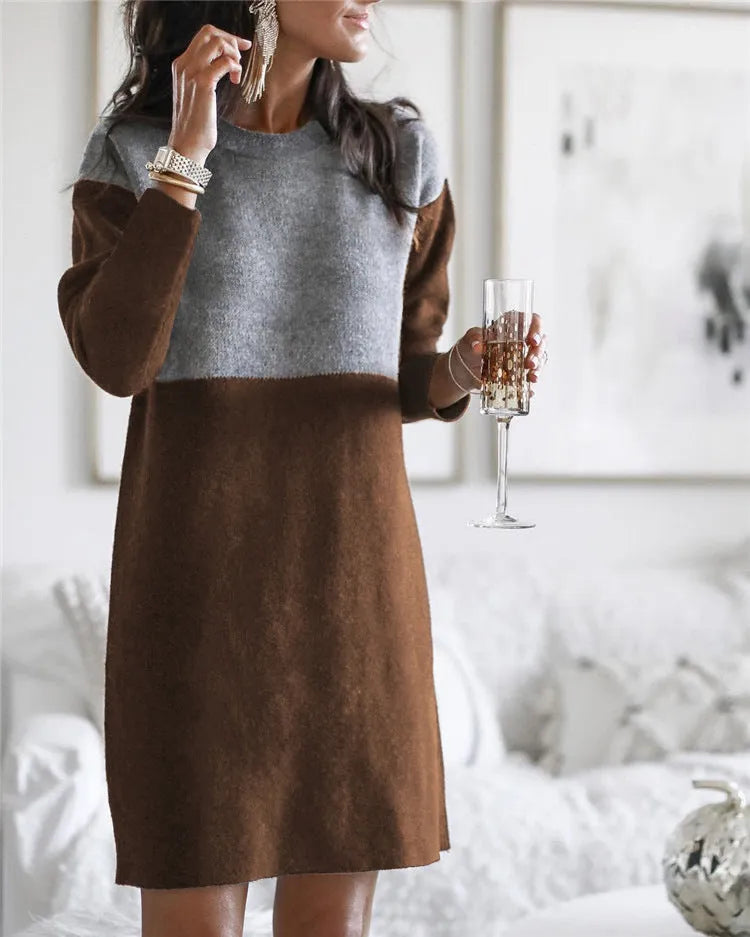Brown women's long sleeve patchwork dress with a loose skirt silhouette and round neckline.