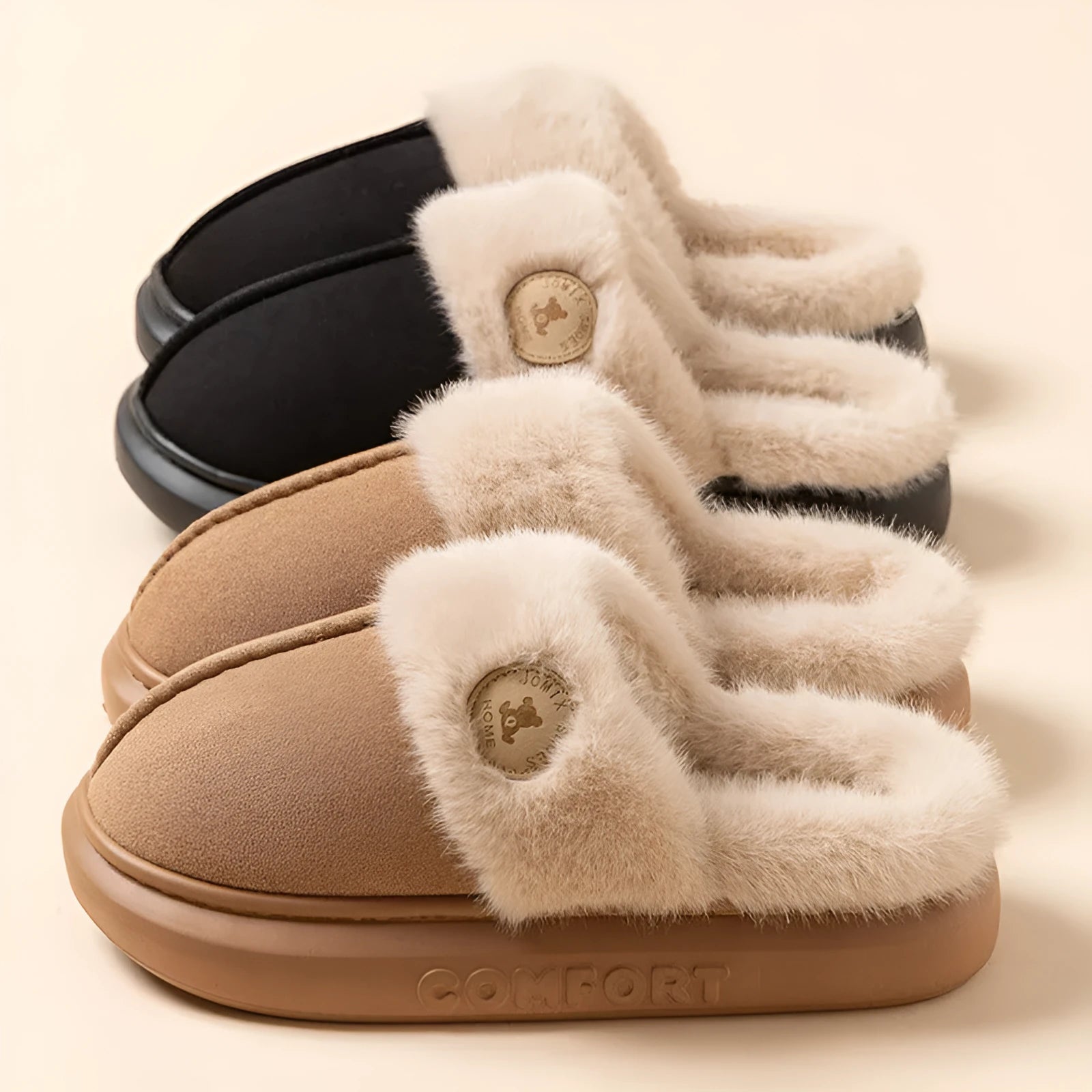 Plush fleece winter slippers with thick PVC sole in multiple colour options