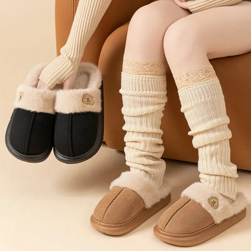 Plush fleece winter slippers with thick PVC sole in multiple colour options