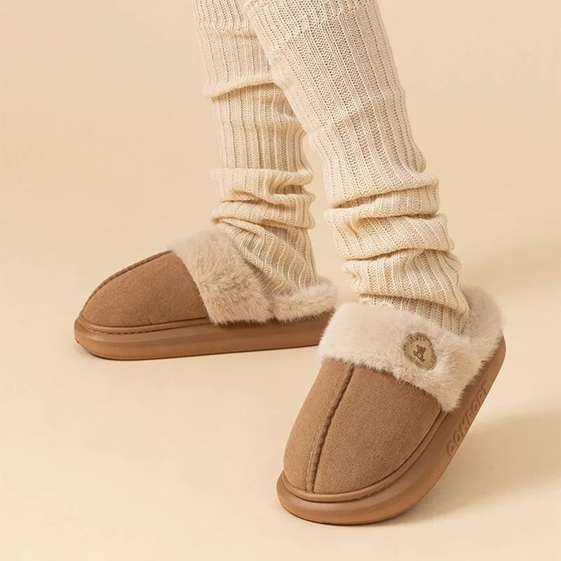 Plush fleece winter slippers with thick PVC sole in multiple colour options