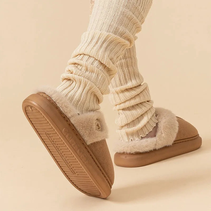 Plush fleece winter slippers with thick PVC sole in multiple colour options