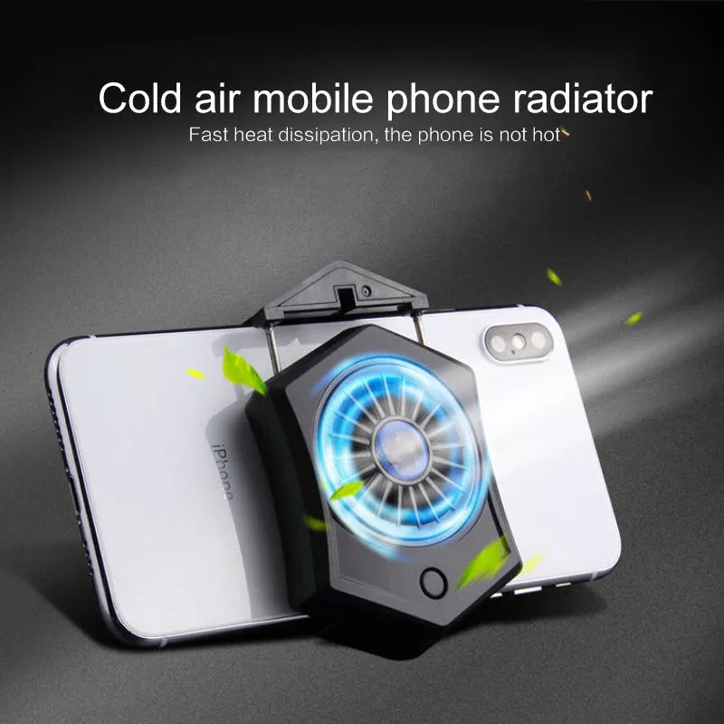 Black USB mobile phone cooling radiator attached to the back of a smartphone