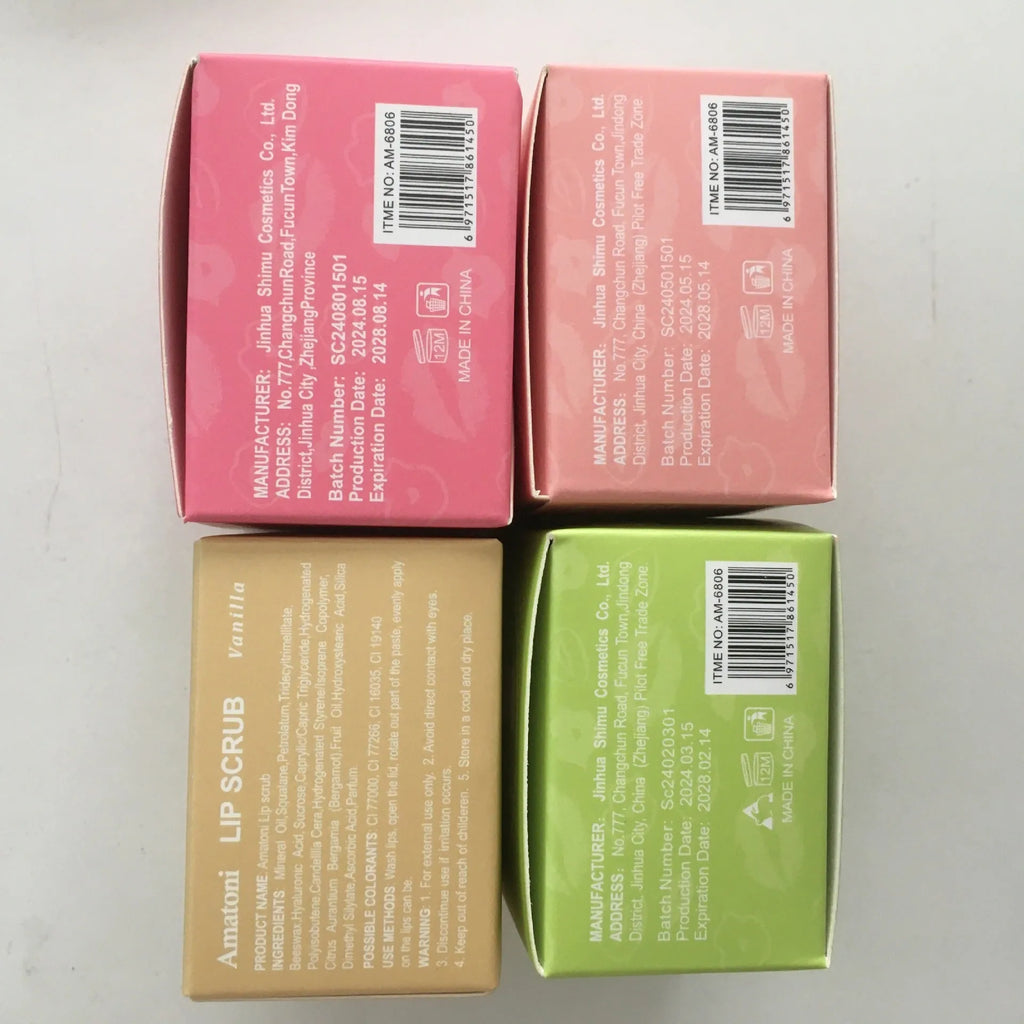 30g Amatoni lip scrub cream container in coconut, raspberry, vanilla, or watermelon flavour